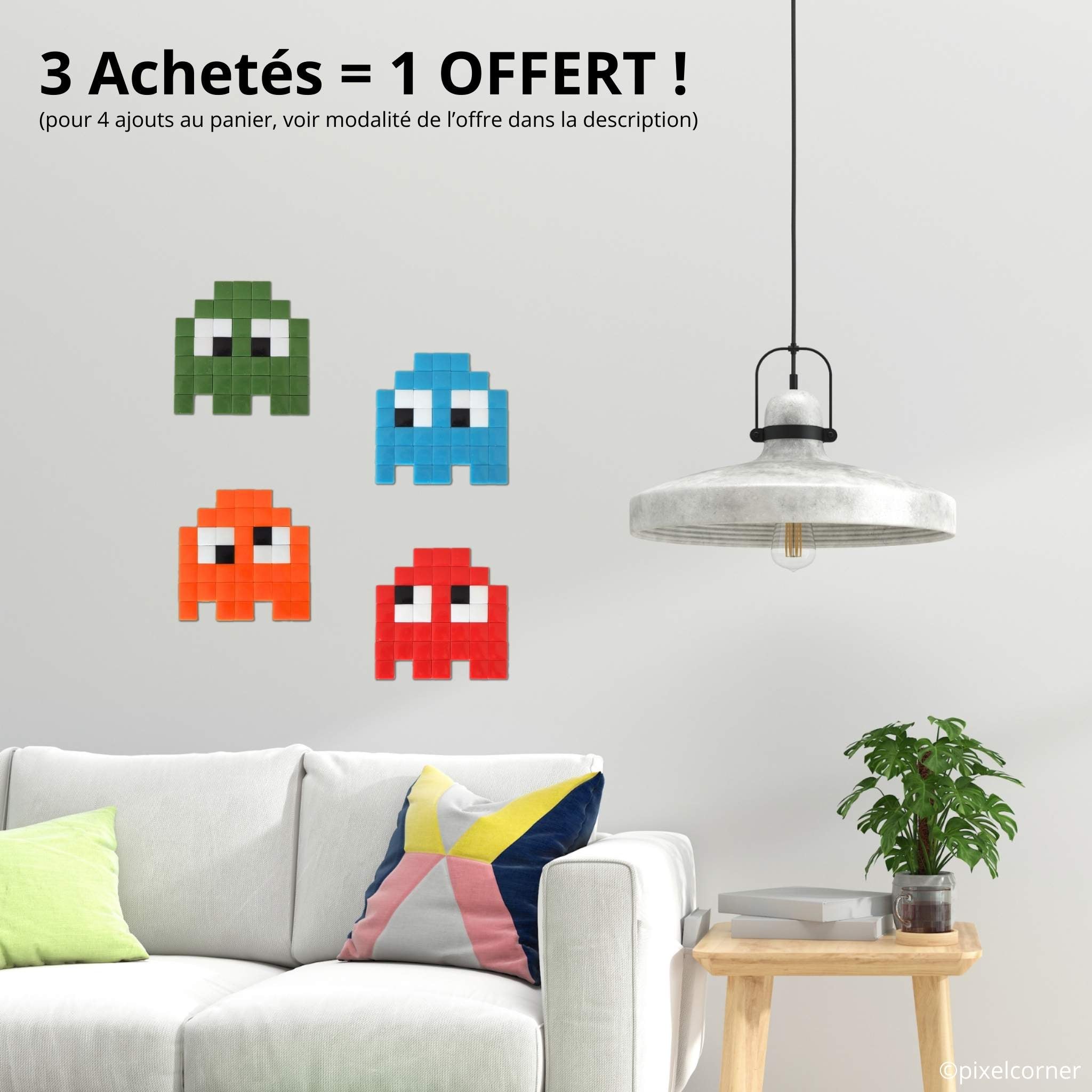 4 fantomes de couleur en Pixel Art accroché au mur d'un salon dessus un canapé. "Les Gloomie(s)" par Pixel Corner - Kits de loisirs créatifs