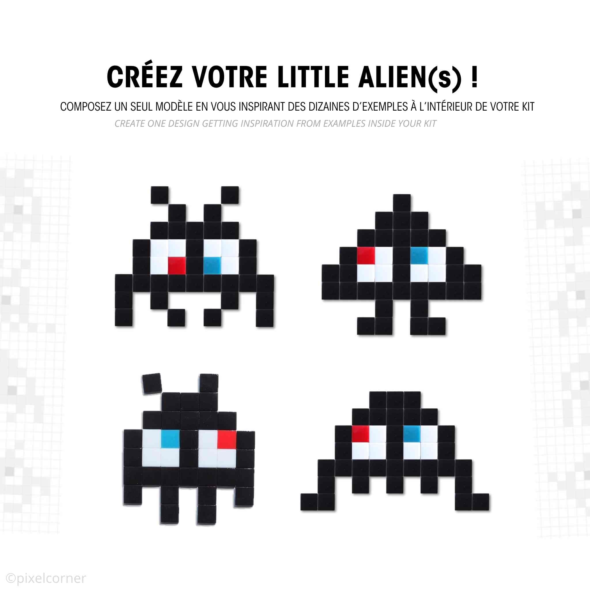 Pixel Art Kit "My Little Alien(s)" - Kits de loisirs créatifs DIY en mosaïque de verre plusieurs modèles de space invaders de couleur noire