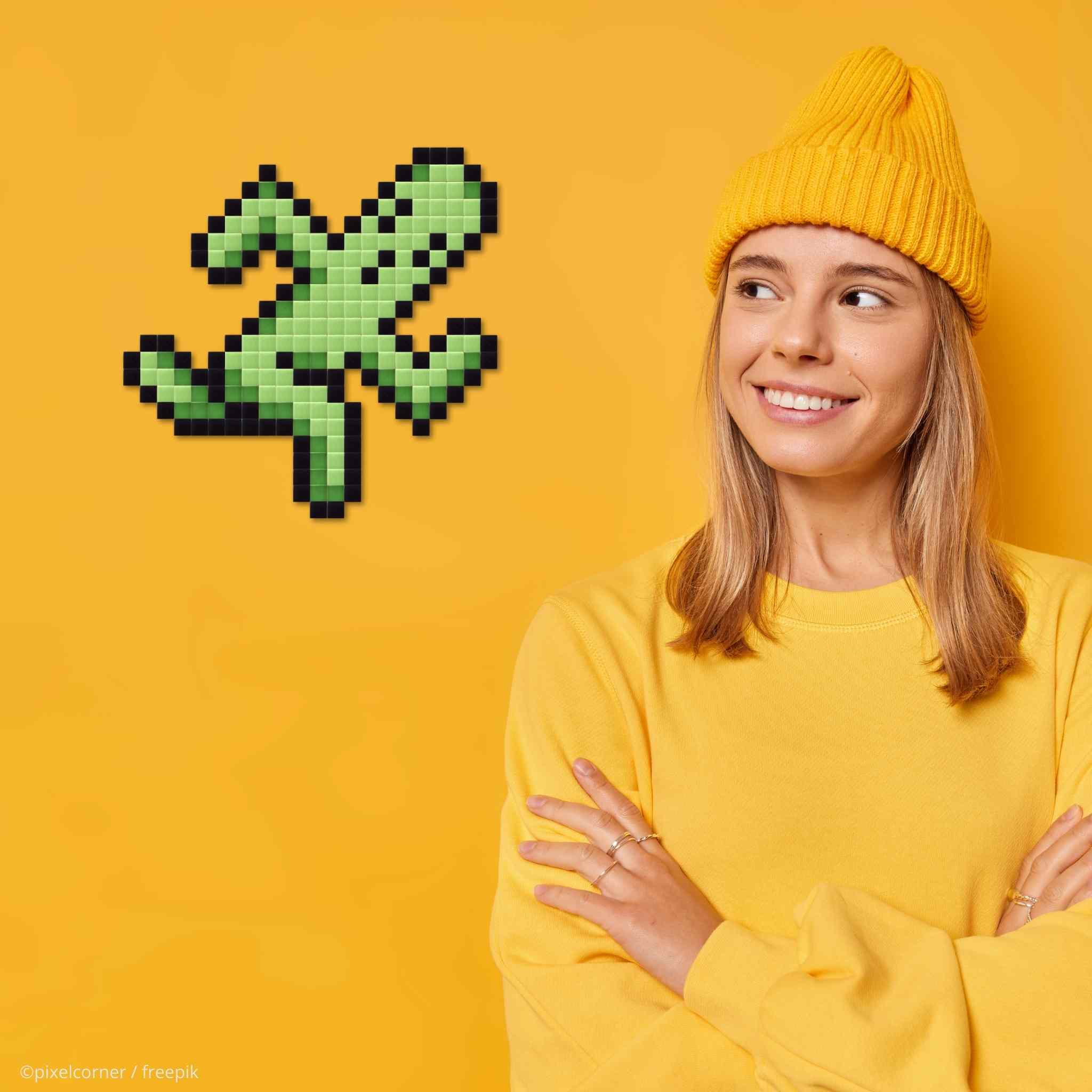 Un cactus final fantasy en pixel art qui court sur fond jaune avec jeune fille hipster et bonnet bras croisés