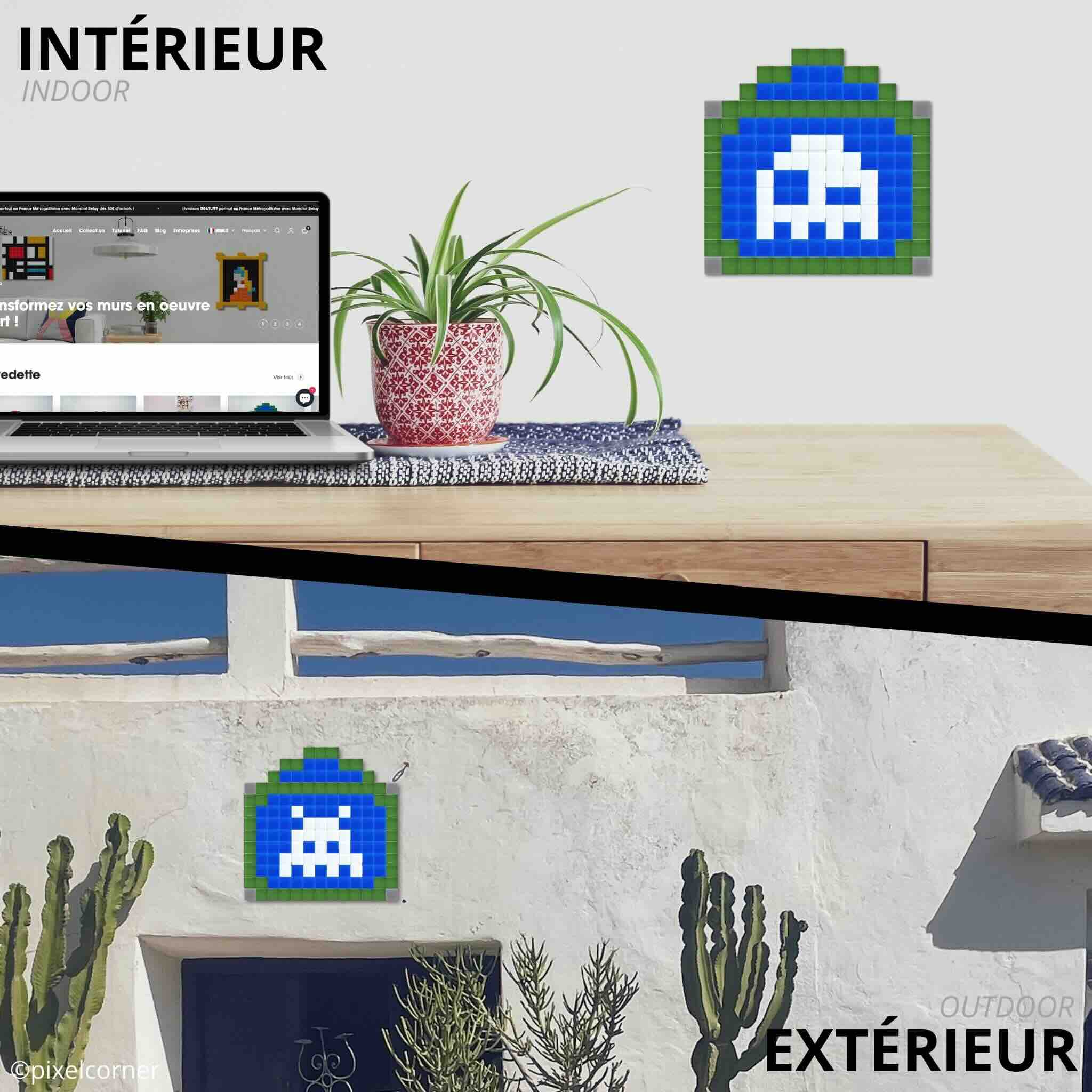 Deux designs de Pixel Art Kit en mosaïque "Paris Street(s)" accrochés à des murs en intérieur et en extérieur