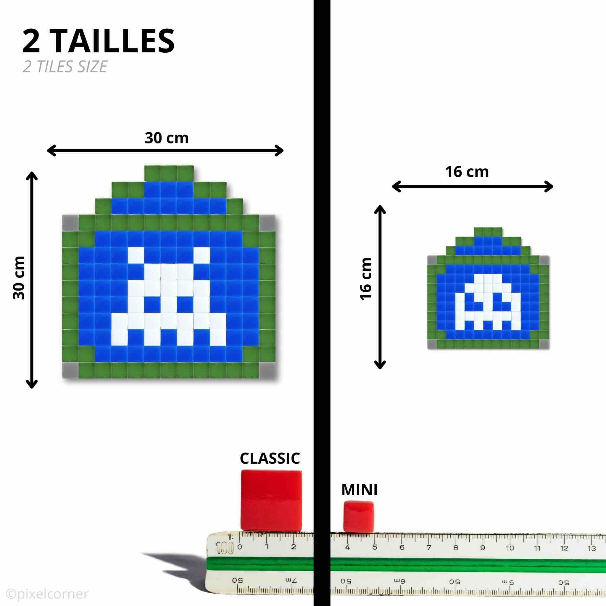 Le kit de pixel art en mosaïque rues de paris avec 2 tailles différentes ainsi que la photo des carreaux rouge en 2 tailles sur une règle