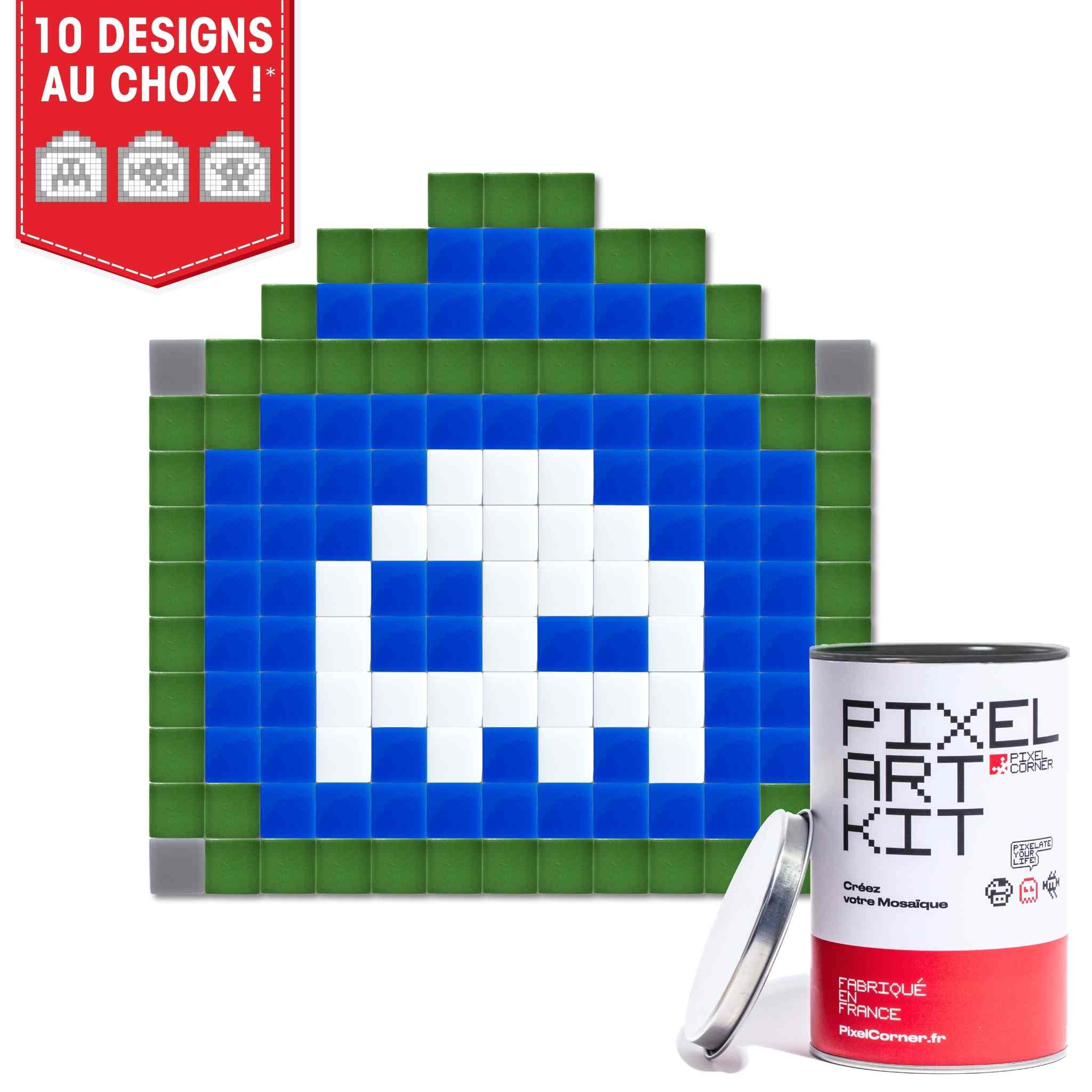 Un fantome qui fait un clin d'oeil en Pixel Art tiré du kit en mosaïque de verre DIY "Paris Street(s)" par Pixel Corner - packaging au premier plan