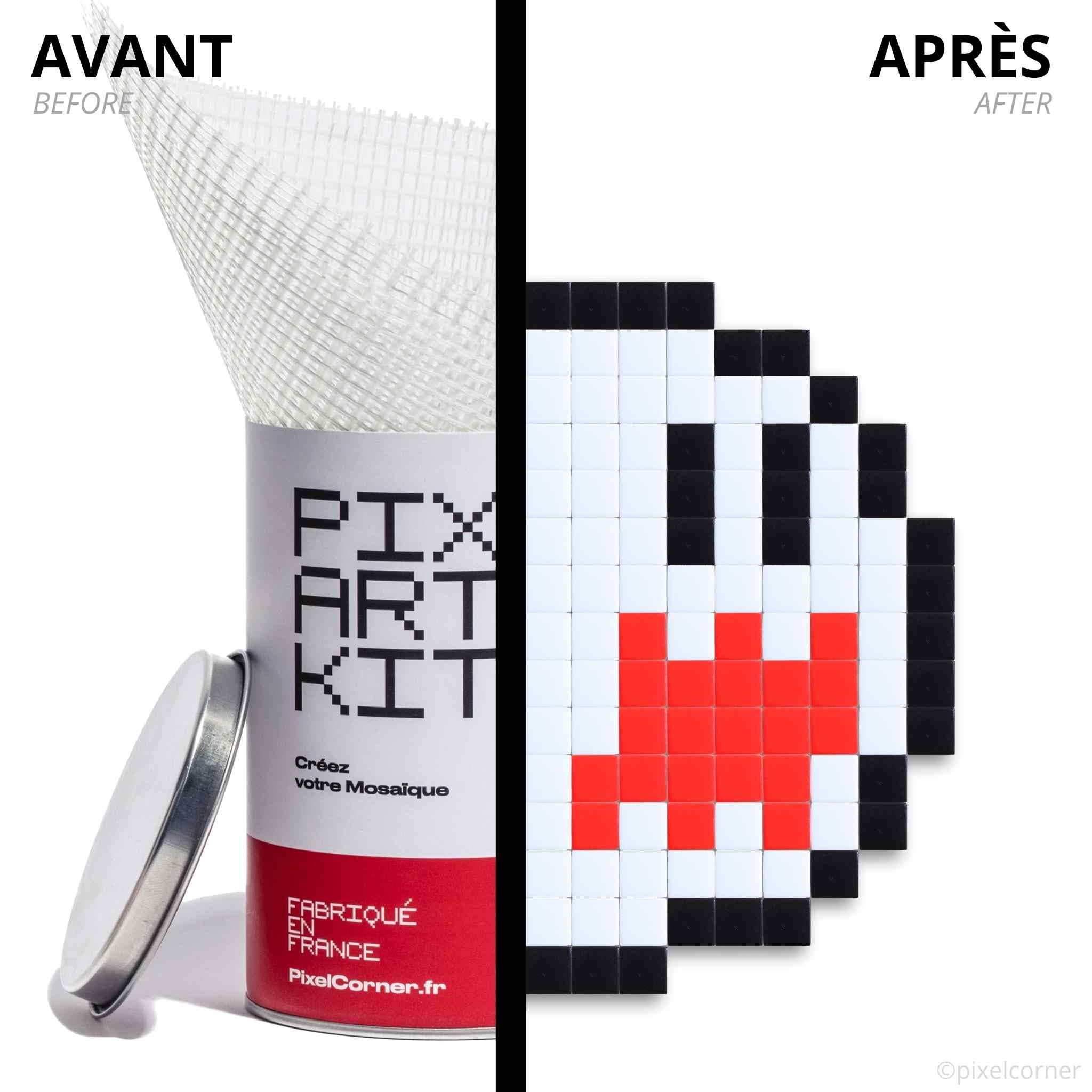 Le Pixel Art Kit "Pix-A-Boo" par Pixel Corner - Kits de loisirs créatifs diy en mosaïque de verre, avant et après réalisation